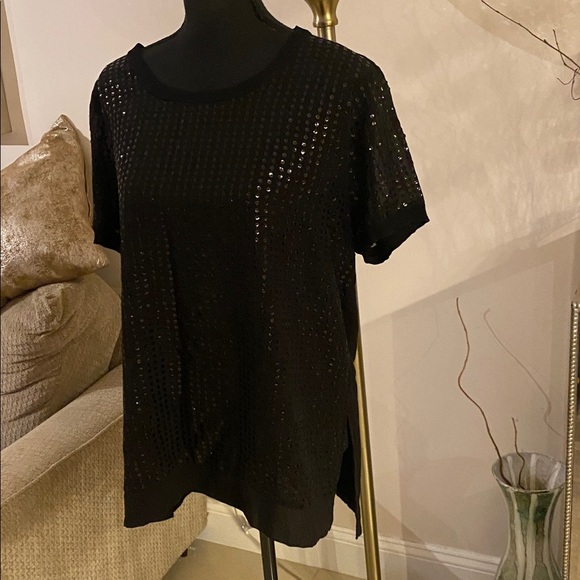 Donna Karan Black Short Sleeve Sequin Top size L - Picture 3 of 4